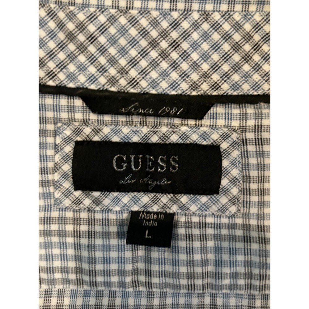 Guess Shirt Mens Large Blue Gray Long Sleeve Button Up Gingham Check Casual - Picture 2 of 5